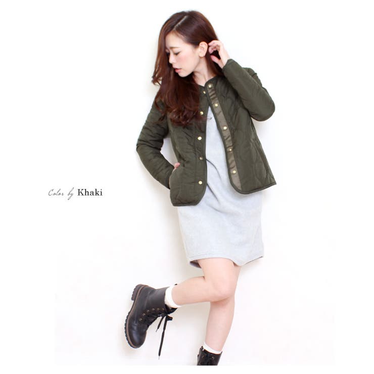 2WAY中綿入りノーカラーキルティングジャケット♪お手持ちコートの  