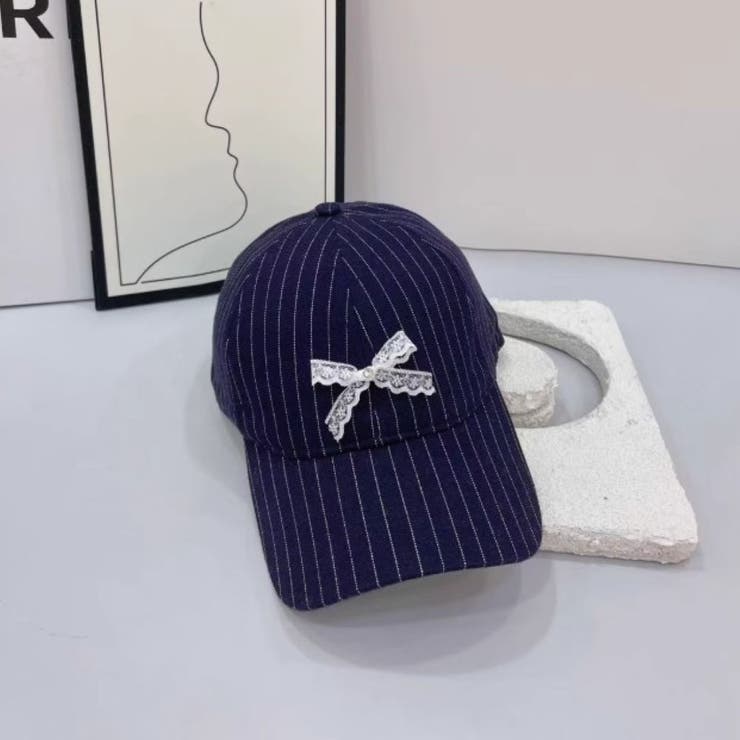NAVY | ストライプCAP レースリボン付 | LETee