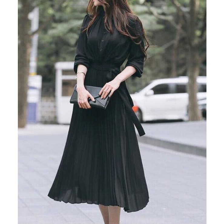 プリーツロングシフォンワンピース/韓国 韓国ファッション