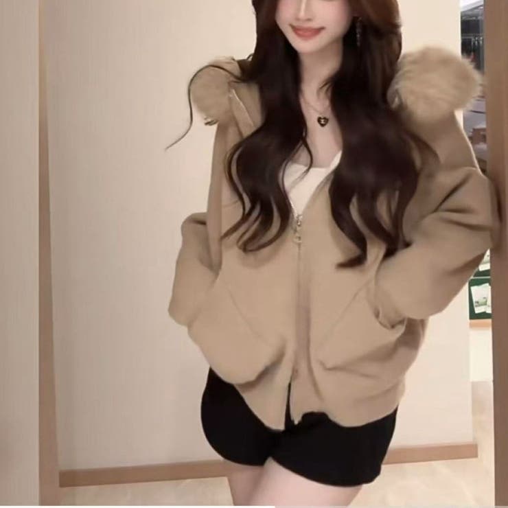 フェイクファー付きフ―ディーニットジャケット[品番：LPSW0009972