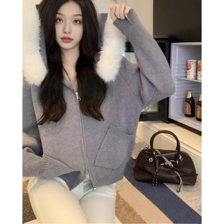 フェイクファー付きフ―ディーニットジャケット[品番：LPSW0009972