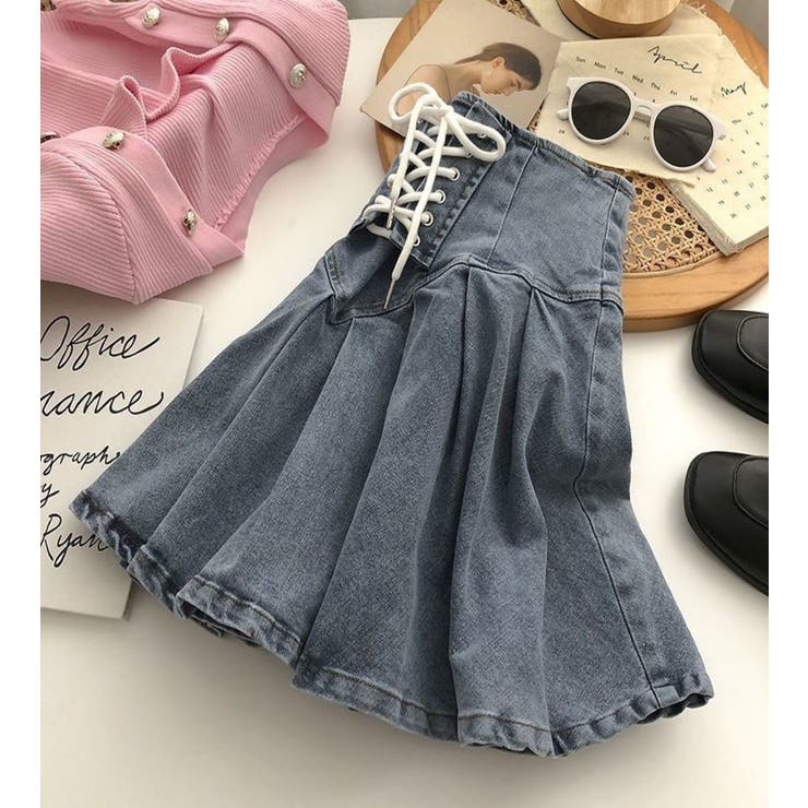 レースアップデニムミニスカート/ボックスプリーツ/ハイウエスト | LETee | 詳細画像11 