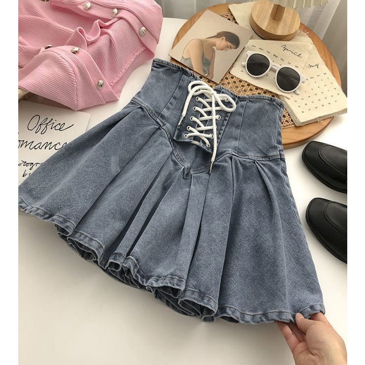 レースアップデニムミニスカート/ボックスプリーツ/ハイウエスト | LETee | 詳細画像2 