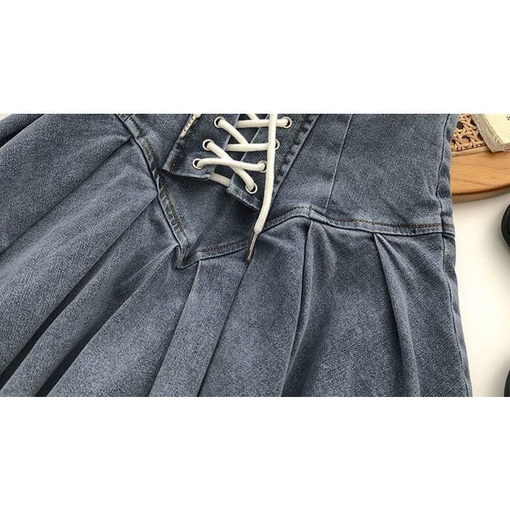 レースアップデニムミニスカート/ボックスプリーツ/ハイウエスト | LETee | 詳細画像3 