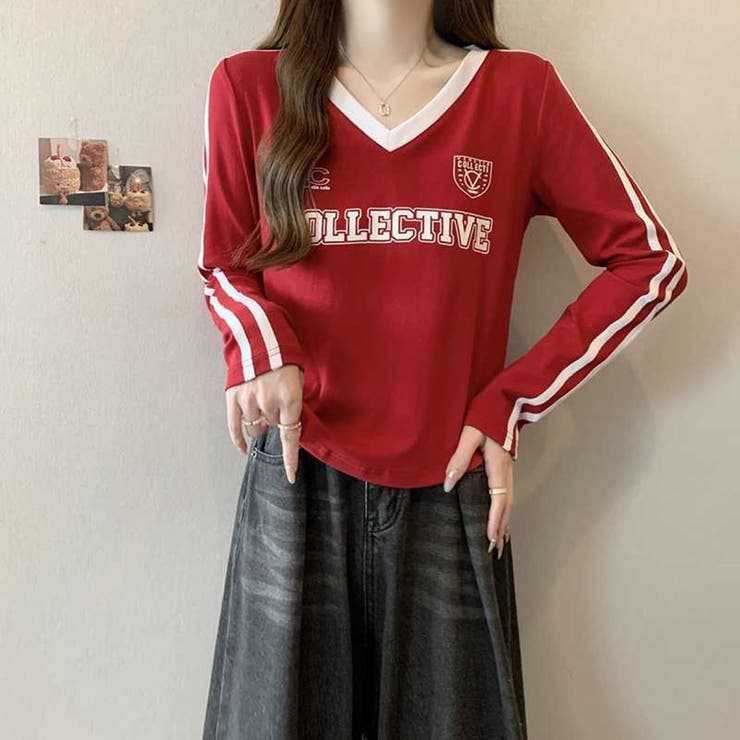RED | スリーブライン＆ロゴ Vネックロングスリーブティーシャツ | LETee