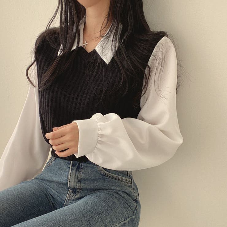 BLACK | 異素材ドッキングえり付きトップス | LETee