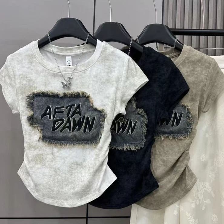 デニムワッペン サイドシャーリングトップス/刺繍ロゴ/ショート丈 | LETee | 詳細画像2 