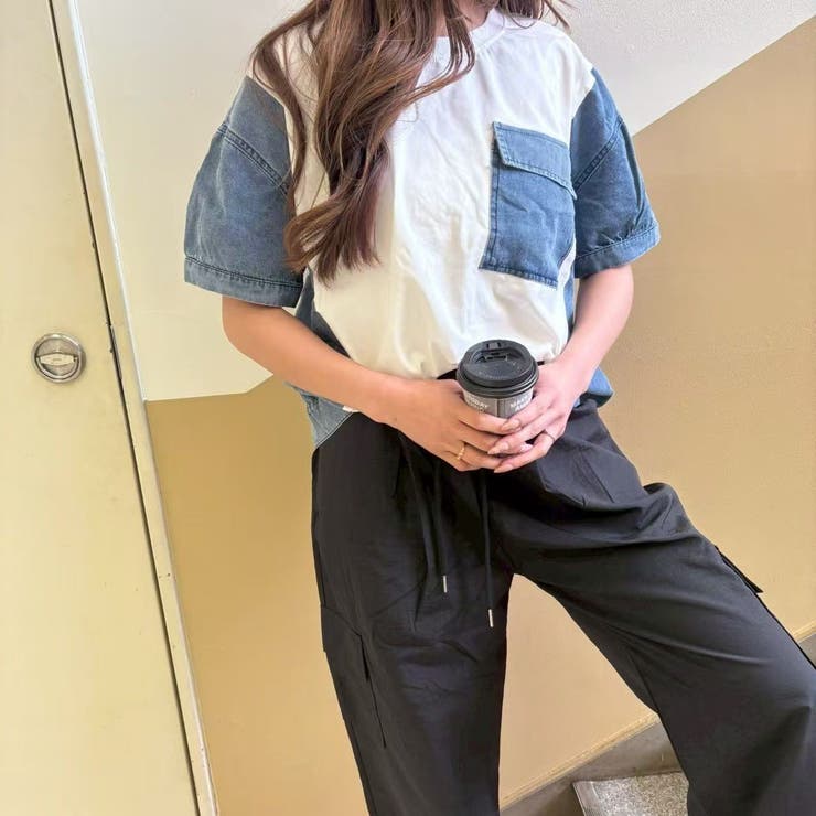 WHITE | サイド切り替え＆袖＆ポケット デニムドッキングＴシャツ | LETee