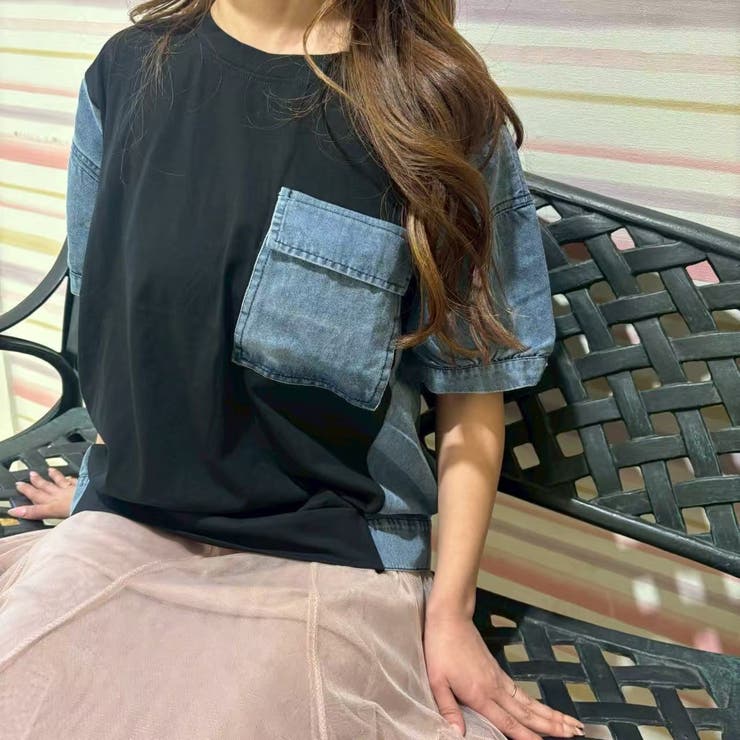 BLACK | サイド切り替え＆袖＆ポケット デニムドッキングＴシャツ | LETee