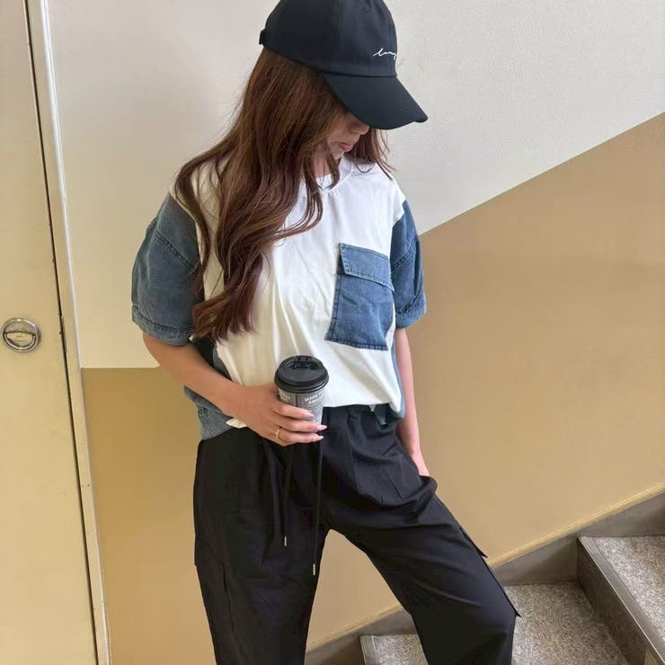 サイド切り替え＆袖＆ポケット デニムドッキングＴシャツ | LETee | 詳細画像1 