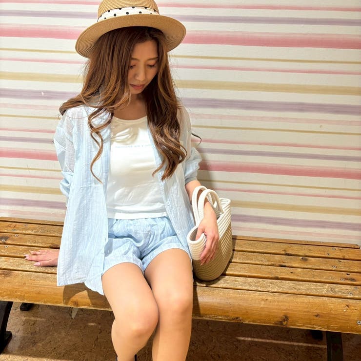 セットアップ 長袖 ショートパンツ カジュアル 韓国 L2707 透け感が夏らしい♪長袖シャツ＆ポケット付きショートパンツ