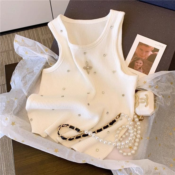 WHITE | クロス＆ストーン付きタンクトップ/ニットトップス | LETee