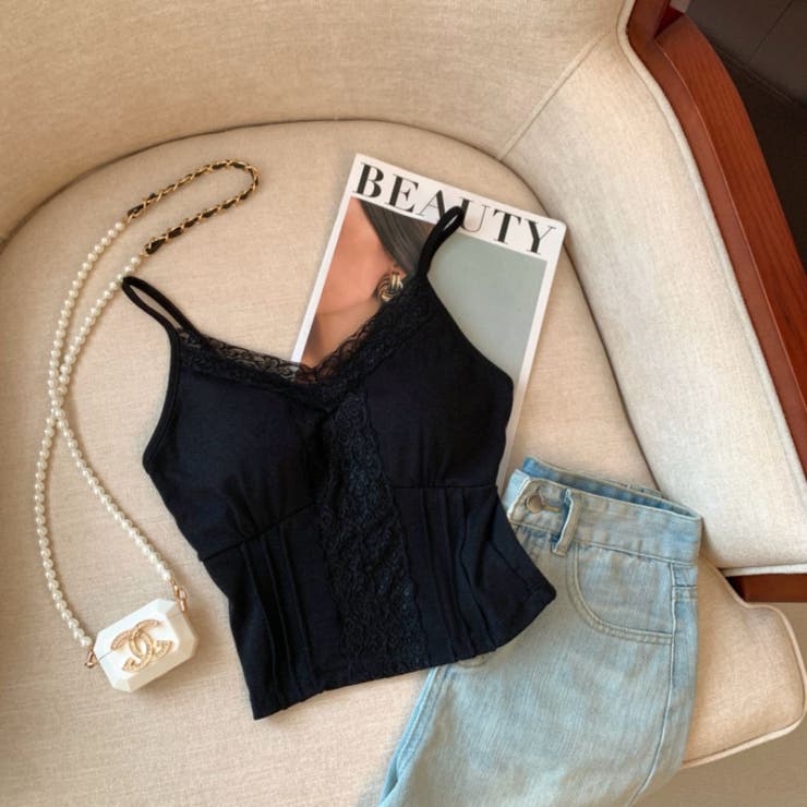 BLACK | レース付きキャミソール/レースライン/センターレースストライプ | LETee