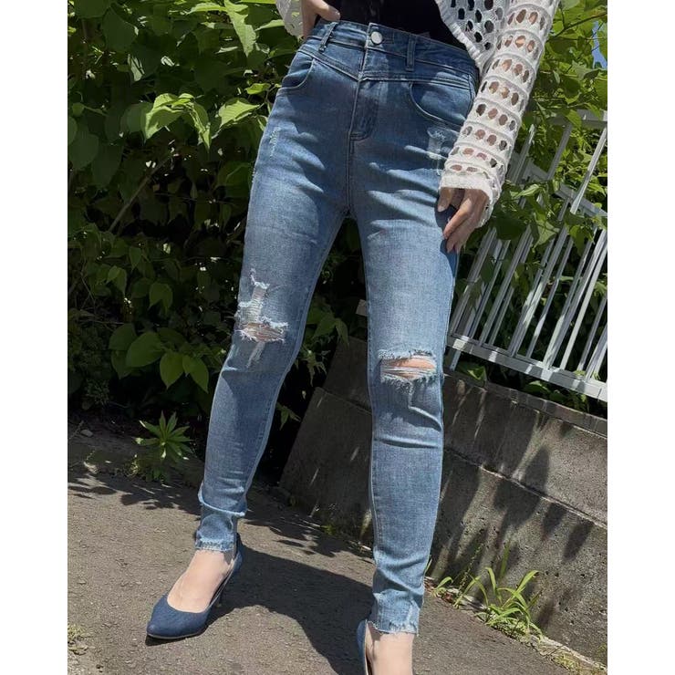 BLUE | ダメージスキニーデニムパンツ | LETee