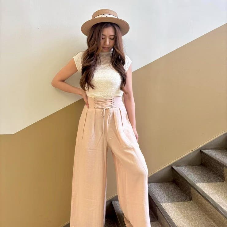 PINK | ウエスト編み込み紐デザイン 涼しげなタック入りワイドパンツ | LETee