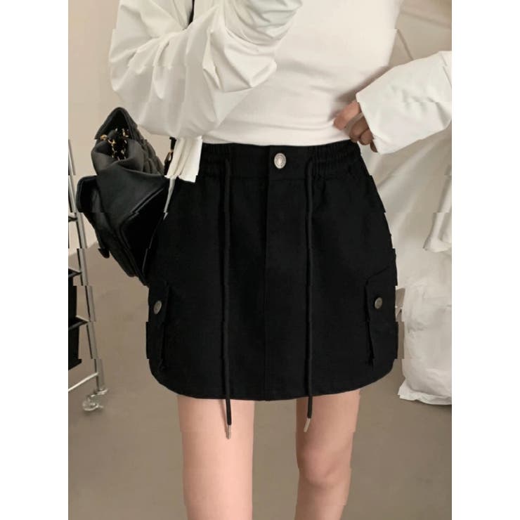 BLACK | ミリタリーミニスカート/アウトポケット/ウエストゴム | LETee