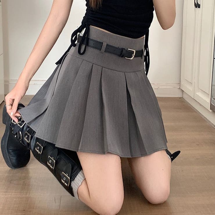 ボックスプリーツミニスカート/インナーパンツ付/ベルト付[品番