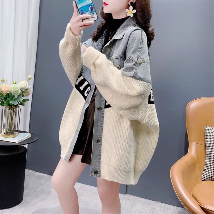 ニットドッキング デニムシャツジャケット/身頃ニット[品番