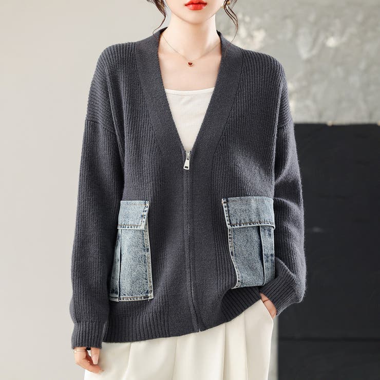 D.GREY | ニットカーディガン/デニムポケット付/ジップアップカーデ | LETee
