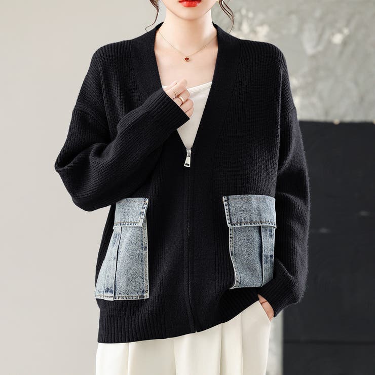 BLACK | ニットカーディガン/デニムポケット付/ジップアップカーデ | LETee