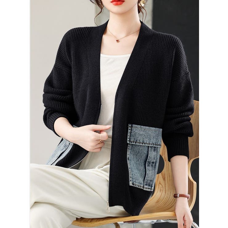 ニットカーディガン/デニムポケット付/ジップアップカーデ | LETee | 詳細画像14 