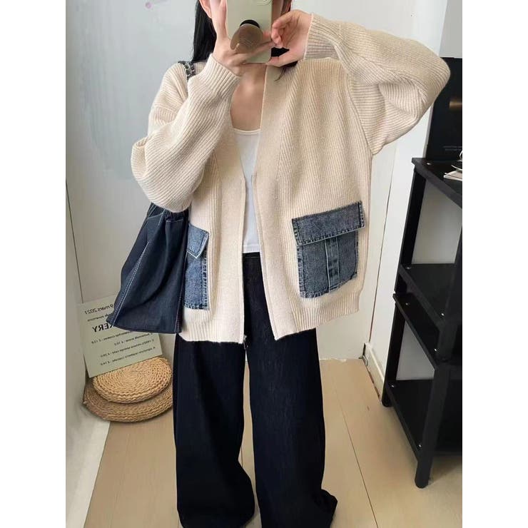 ニットカーディガン/デニムポケット付/ジップアップカーデ | LETee | 詳細画像1 