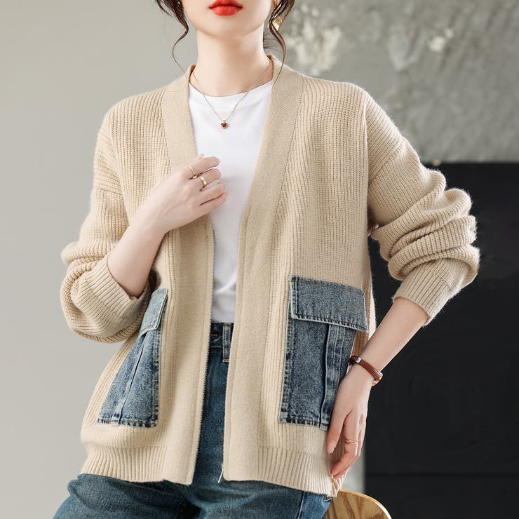 ニットカーディガン/デニムポケット付/ジップアップカーデ | LETee | 詳細画像2 