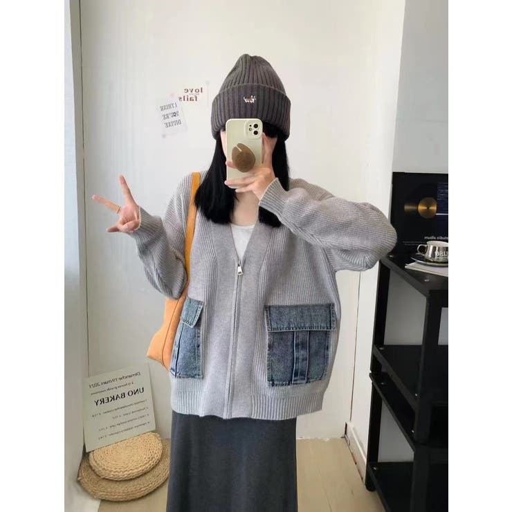 ニットカーディガン/デニムポケット付/ジップアップカーデ | LETee | 詳細画像4 