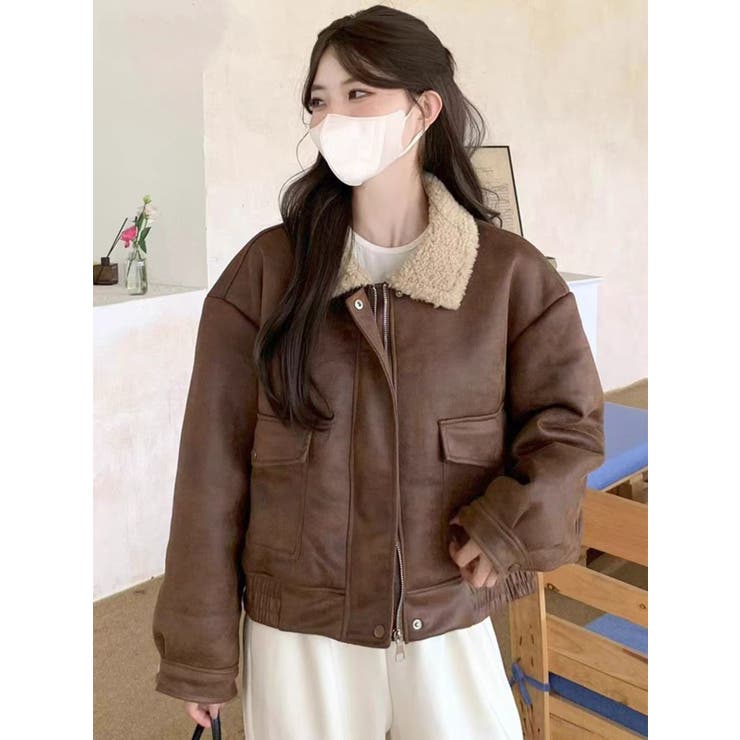 BROWN | フェイクレザージャケット/ボア付き | LETee