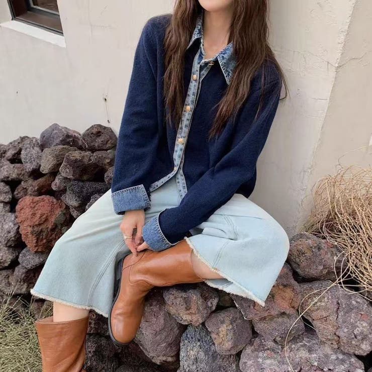 NAVY | デニムドッキングニットカーディガン | LETee