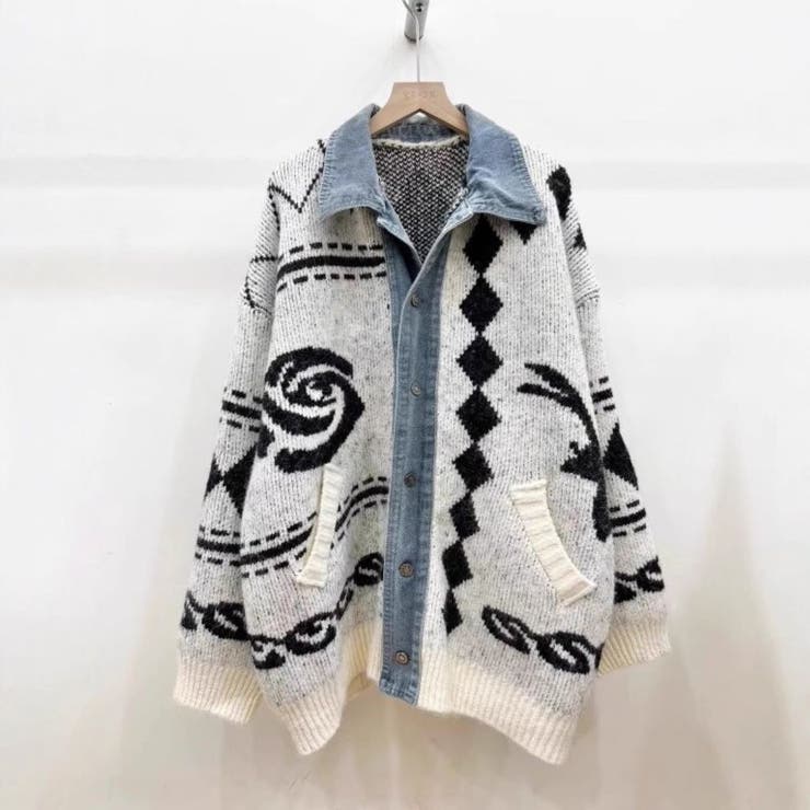 デニムドッキングジャカードニットカーディガン | LETee | 詳細画像9 
