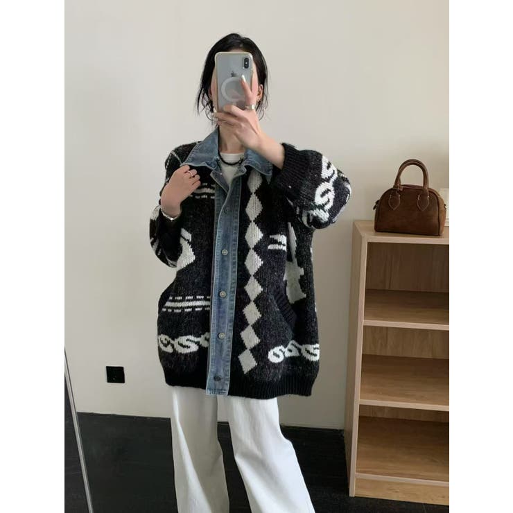 デニムドッキングジャカードニットカーディガン | LETee | 詳細画像1 