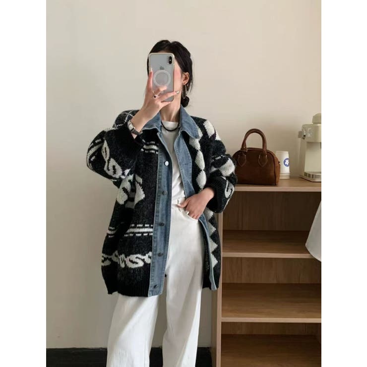 デニムドッキングジャカードニットカーディガン | LETee | 詳細画像2 