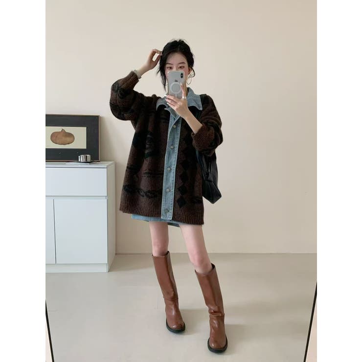 デニムドッキングジャカードニットカーディガン | LETee | 詳細画像4 