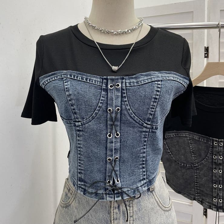 BLACK | デニムドッキングカットソー | LETee
