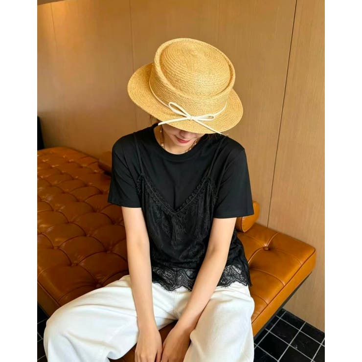 BLACK | レースキャミドッキングラウンドネックTシャツ/ビッグシルエット | LETee