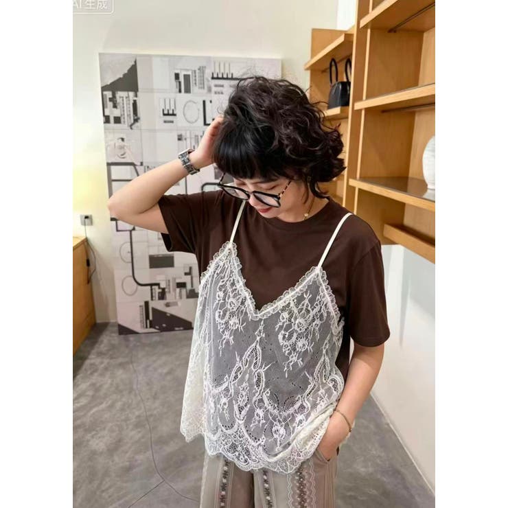 BROWN | レースキャミドッキングラウンドネックTシャツ/ビッグシルエット | LETee