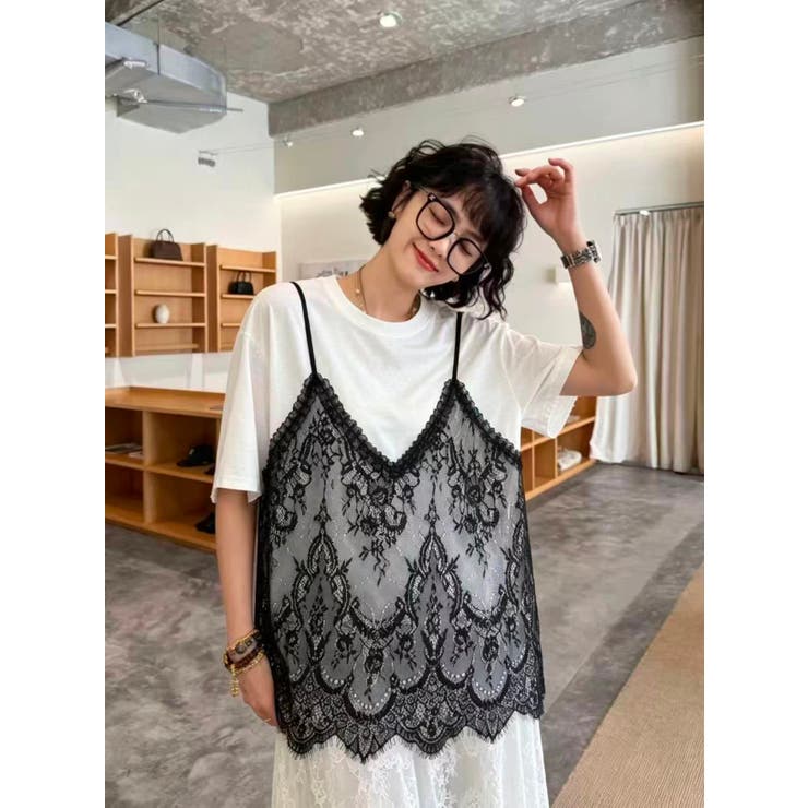 WHITE | レースキャミドッキングラウンドネックTシャツ/ビッグシルエット | LETee