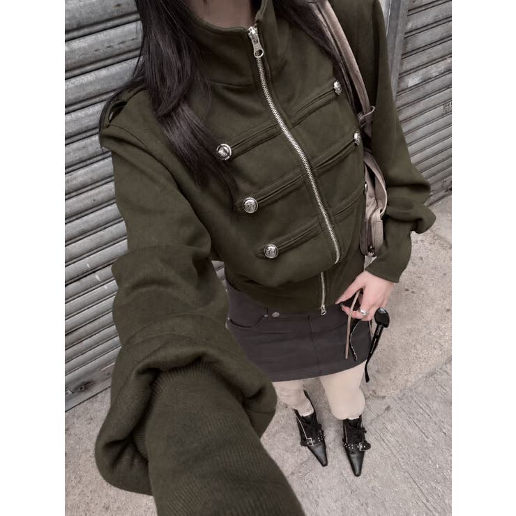 KHAKI | ミリタリーライク ダブルポケットZIPショートジャケット | LETee