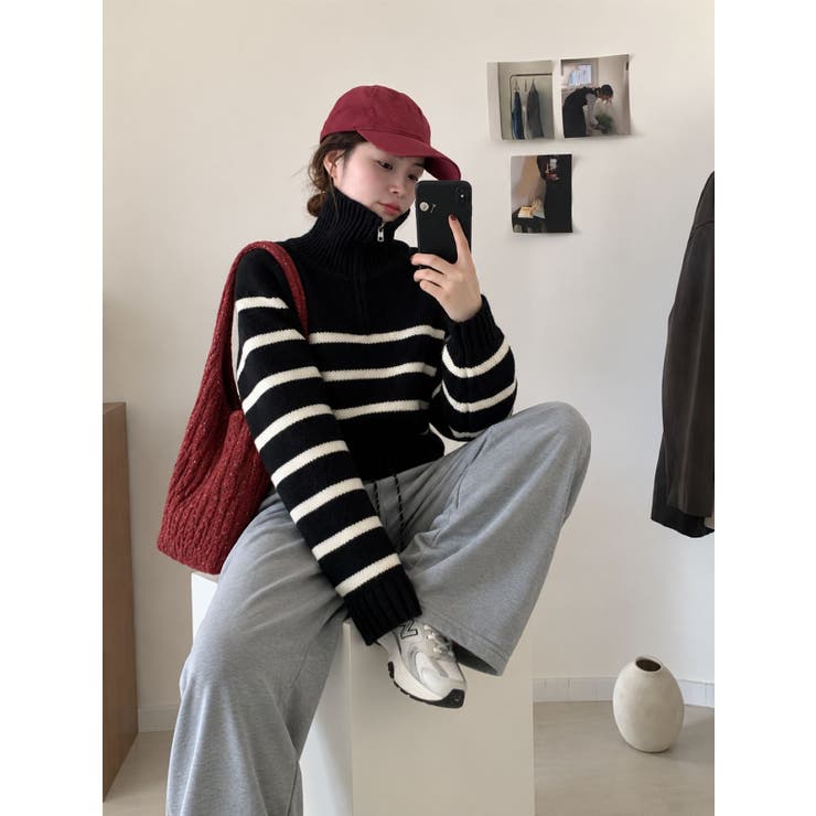 BLACK | ハイネックボーダーハーフZIPニットプルオーバー | LETee