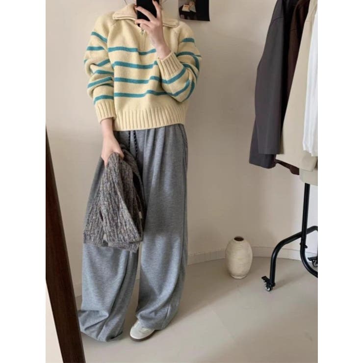 BLUE | ハイネックボーダーハーフZIPニットプルオーバー | LETee