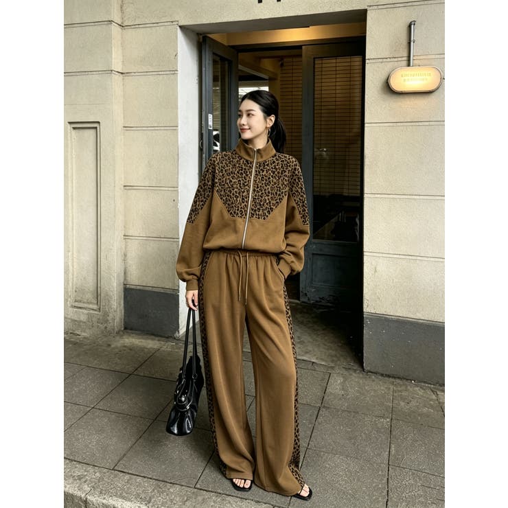 BROWN | レオパード柄切替トラックジャケット＆パンツ セットアップ | LETee