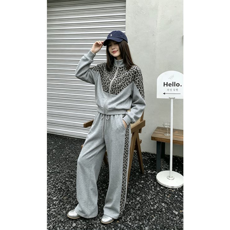 GREY | レオパード柄切替トラックジャケット＆パンツ セットアップ | LETee