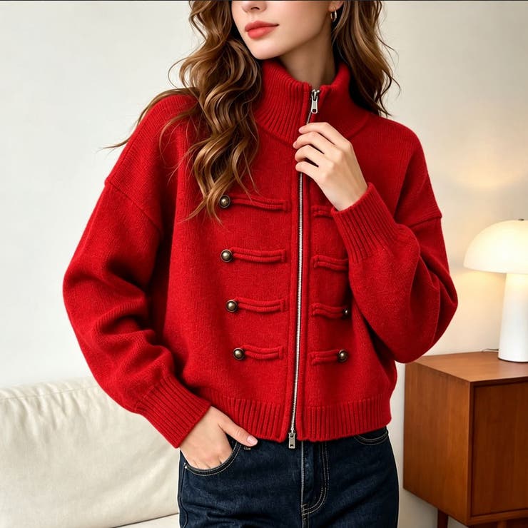 RED | ミリタリーデザインメタルボタンニットジャケット | LETee