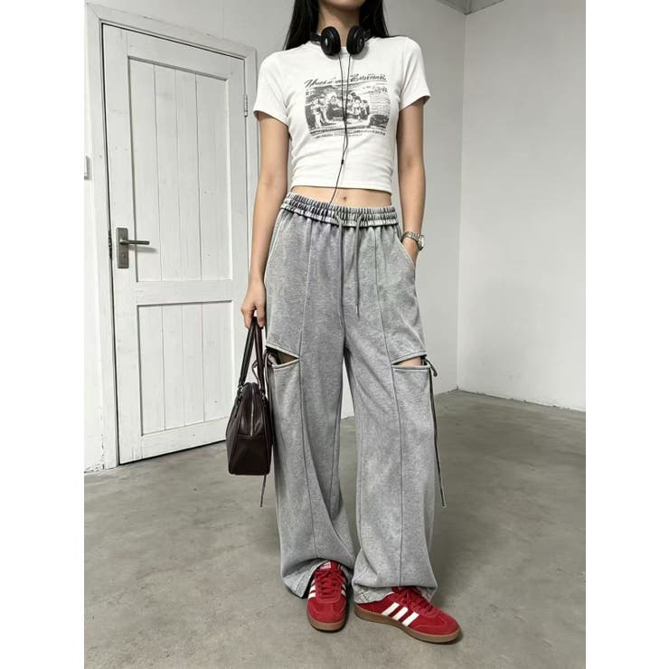 GREY | 膝スリットワイドカーゴパンツ／ドロストパンツ | LETee