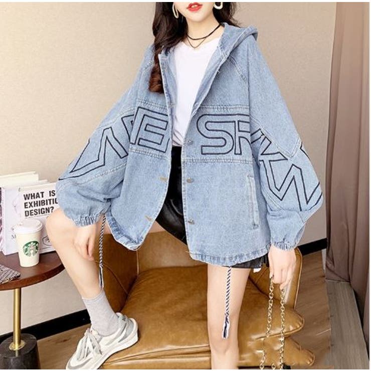 ビックロゴししゅうデニムジャケット デニムパーカー オーバー