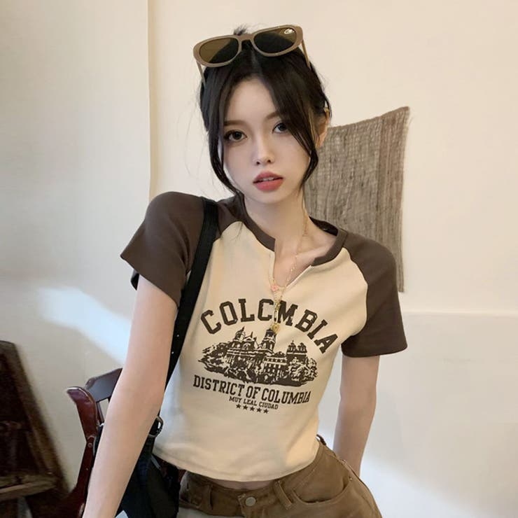 BEIGE | ラグランクロップドティーシャツ スリットネック | LETee