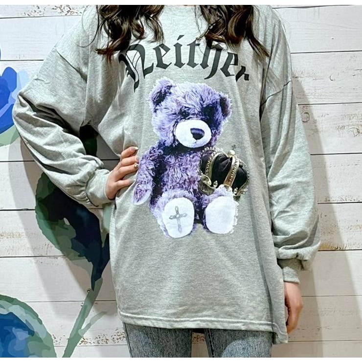 ロックなクマプリントロンTシャツ ロンT ビックシルエット[品番