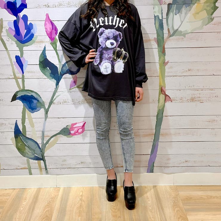ロックなクマプリントロンTシャツ ロンT ビックシルエット