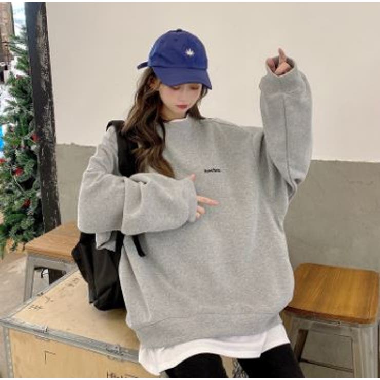 再入荷!!】薄手重ね着風ロゴ刺繍BIGトレーナー 韓国ファッション